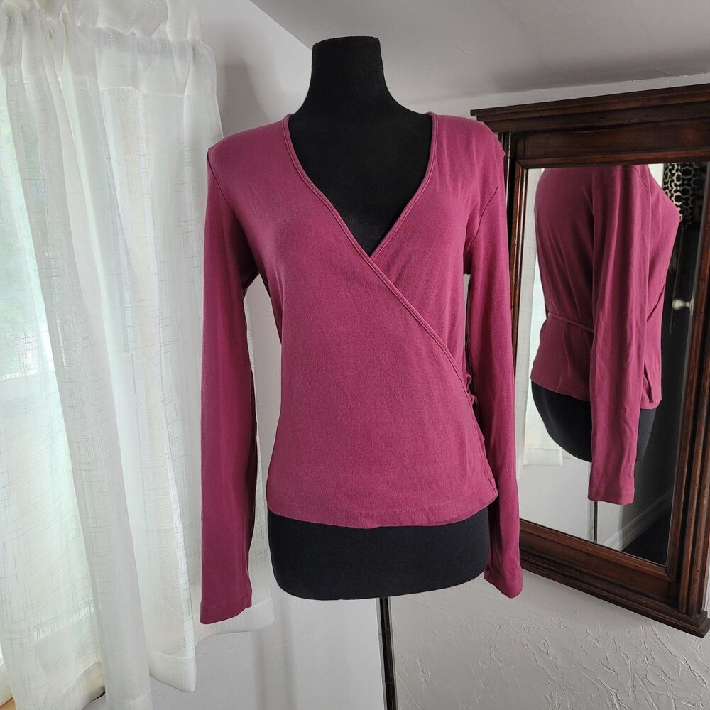 Banana Republic Raspberry Pink Wrap Top Women L Long Sleeve Cotton Knit Side Tie